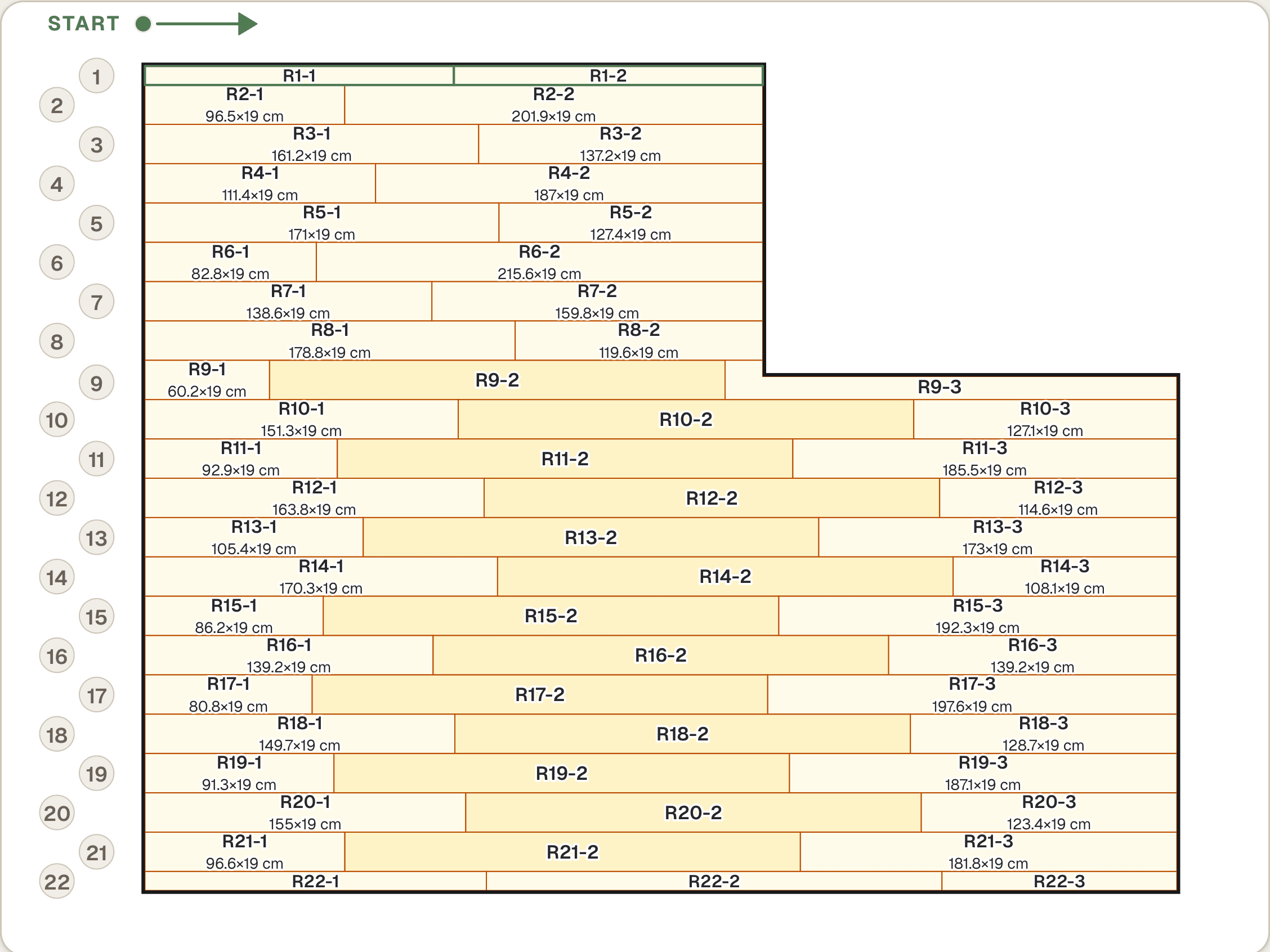 An L-shaped floor plan in LayPattern: rows of boards, each labelled with its piece number and size, with row numbers down the side and a green start marker.